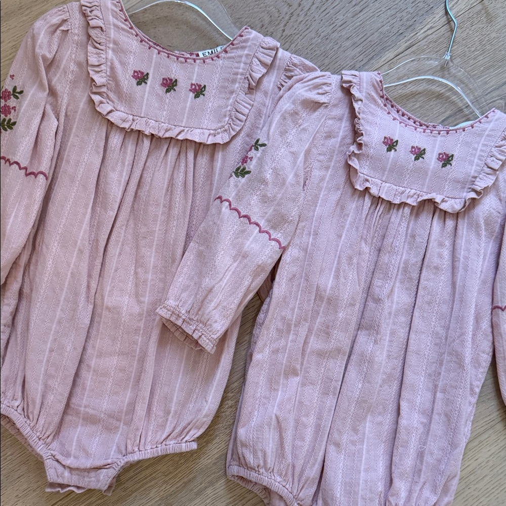 Emile et Ida Pink Embroidered Rompers 2A Matching Set Twin Outfit